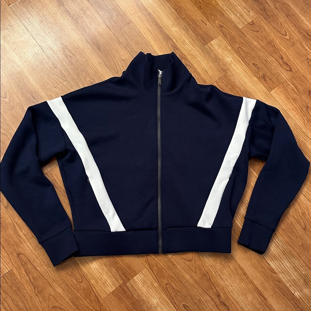 SPANX striped track jacket / zip up navy blue lightweight top / size S